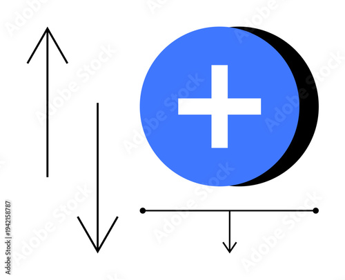 Healthcare concept. Blue circular plus sign with directional arrows healthcare, balance, and decision-making. Healthcare innovation, guidance, balance, navigation solutions, medical design