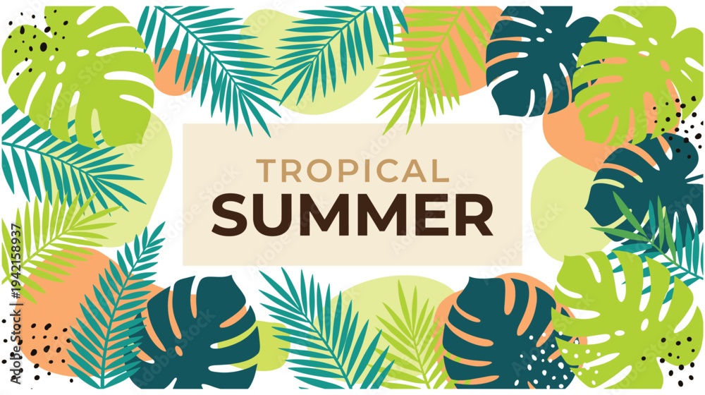 Obraz premium Tropical summer banner with exotic leaves and abstract shapes