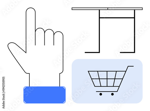 Online shopping, e-commerce, digital transactions, minimal design, retail interface, purchasing tools. A hand pointing, a shopping cart and a table outline. Online shopping and e-commerce concepts