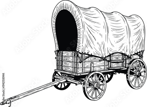 Vintage covered wagon with wooden wheels and canvas top illustration