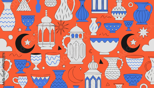Vibrant Ramadan Kareem Islamic Pattern with Traditional Symbols and Decorations.
