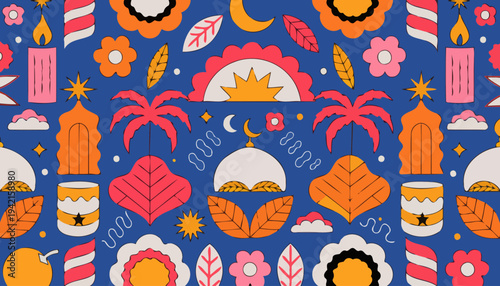 Vibrant tropical pattern with desserts and palm trees on blue background.