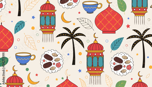 Seamless pattern with Ramadan themed elements and decorations.
