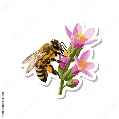 Bee collecting nectar from pink flowers in a vibrant illustration.