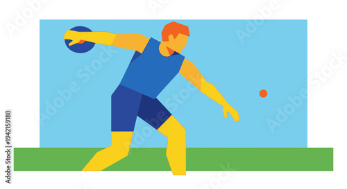 Male athlete in blue uniform throwing discus during a sports competition.