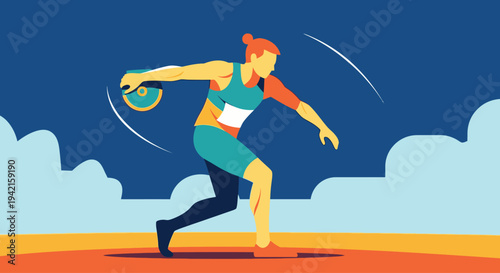Dynamic illustration of a female discus thrower in action.