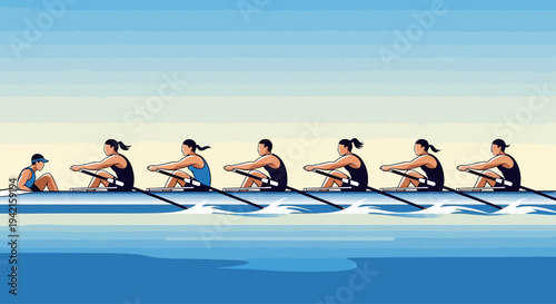 Rowing team in a boat on the water during a competition.