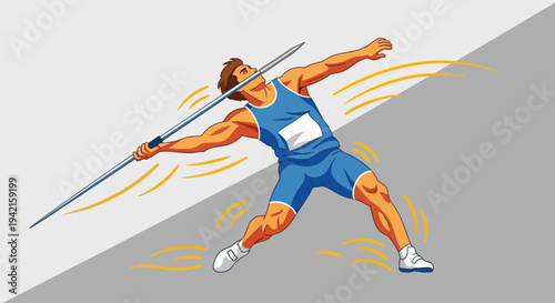 Male athlete in blue uniform preparing to throw a javelin during a track and field competition.