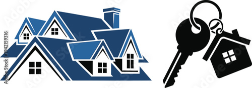 Collection of modern blue and white houses with detailed rooftops