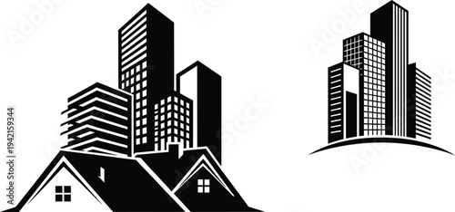 Black and white cityscape with skyscrapers and residential houses