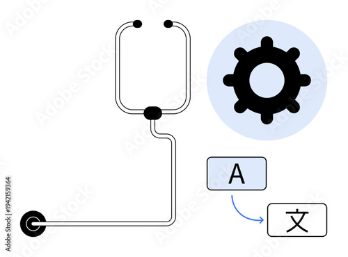 Translation process. Graphic of translation with language symbols, a gear, and interconnected elements. Translation enhances communication globally. For AI, linguistics, education, language apps