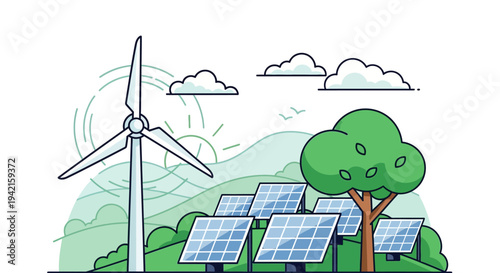 Vector illustration of renewable energy sources, solar panels and wind turbine