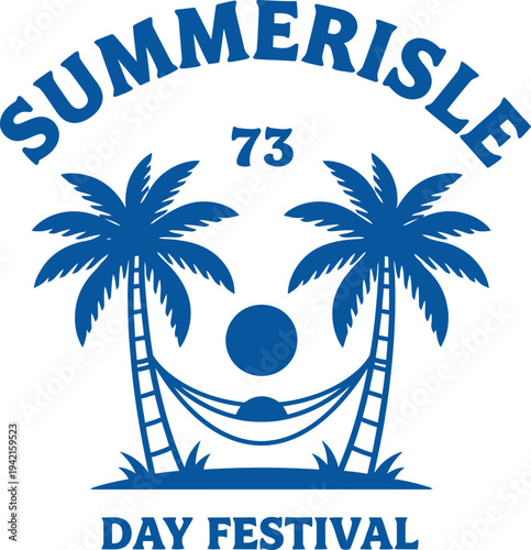 Summer isle day festival logo with palm trees and hammock design