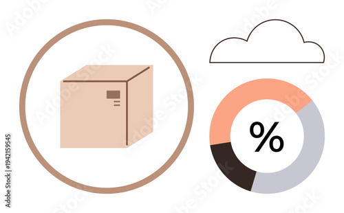 E-commerce, online shopping, data analysis, logistics, cloud storage, shipping services. Cardboard box, cloud and percentage pie chart in graphic style. E-commerce and logistics
