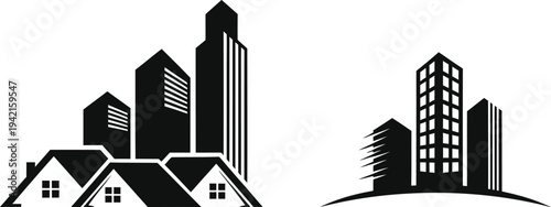 Modern cityscape with skyscrapers and residential buildings at sunset