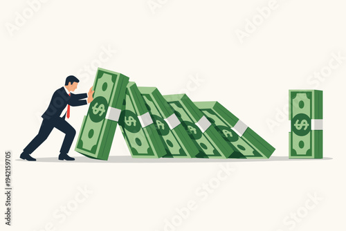 Businessman in a suit trying to stop a falling domino effect of large dollar bill bundles. Concept of financial crisis, economic collapse, risk management, and saving the economy from ruin.