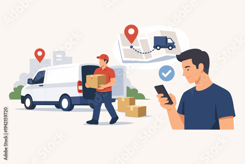 Flat vector illustration of a delivery service with a courier carrying a package from a white van while a customer tracks the order status and real-time location on a smartphone app map.