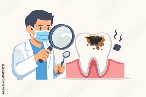Male dentist in medical mask and lab coat examining a large tooth with a deep cavity and decay using a magnifying glass, dental checkup and oral health concept, simple flat vector illustration