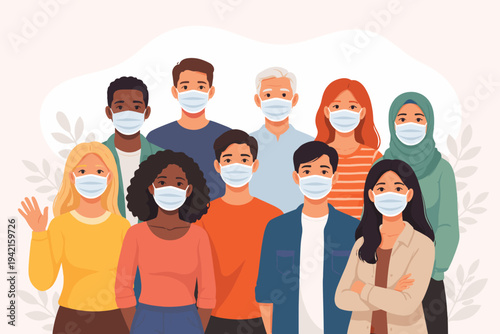 Diverse group of multicultural people of different ages and ethnicities wearing protective surgical face masks and standing together in a flat vector illustration for public health and safety.