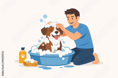 Happy young man washing his cute brown and white dog in a blue tub with soap bubbles and shampoo, flat vector illustration of pet grooming, hygiene, and domestic animal care at home background.