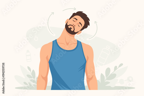 Flat Vector Illustration of a Man Doing Neck Rolls to Stretch Neck Muscles Before a Workout, Male Athlete Warming Up for Fitness Training, Wellness and Health Concept for Neck Pain Relief and Care