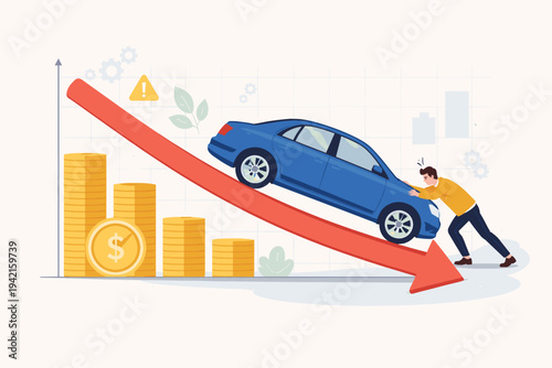 Man Pushing Blue Car Down a Red Arrow on a Financial Graph Representing Automobile Depreciation, Economic Loss, and Decreasing Value of Vehicles with Gold Coins, Market Downturn Vector Concept