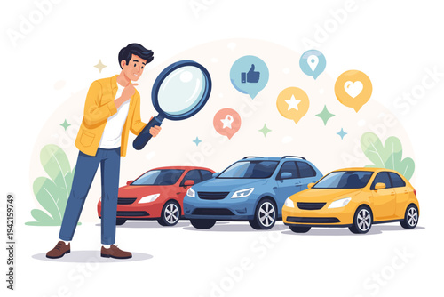 Man with Magnifying Glass Comparing and Choosing a New Car from a Selection of Vehicles, Flat Vector Illustration of Automotive Research, Vehicle Inspection, and Consumer Buying Decision Process.