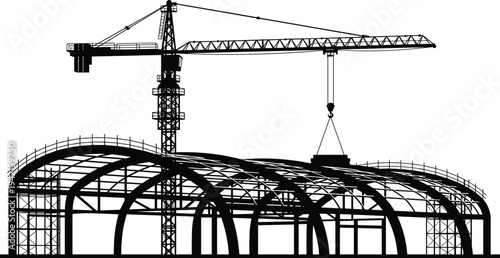 Construction crane and building framework silhouettes illustrating industrial development, structural engineering, urban infrastructure project, heavy equipment working isolated on white background