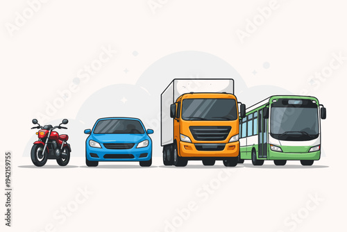 Flat vector illustration of different transportation vehicles including a red motorcycle, blue sedan car, orange delivery truck, and green public bus lined up for logistics and urban transit.