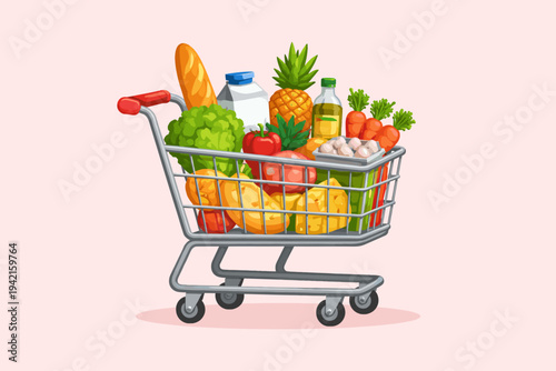 Vector illustration of a metal shopping cart overflowing with fresh groceries like bread, milk, pineapple, carrots, lettuce, and cheese on a pink background for supermarket and retail concepts.