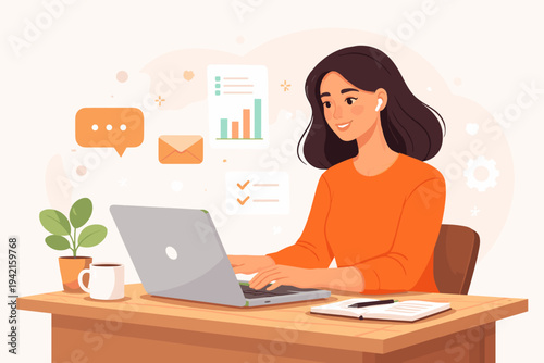 Flat vector illustration of a young woman working on a laptop at a desk with coffee and a plant. Features icons for communication, email, and data analysis for remote work and productivity.