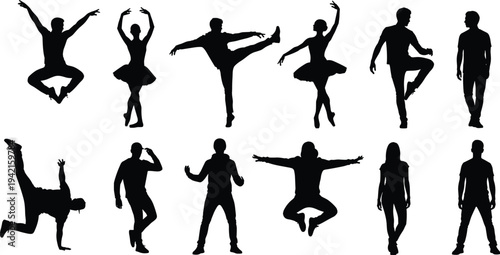 Dance silhouettes collection featuring ballet dancers, hip hop performers, and modern dance poses illustrating movement, performance art, choreography isolated on white background