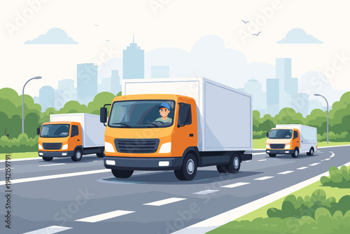 Flat vector illustration of a fleet of orange and white delivery trucks driving on a highway towards a modern city skyline. Professional logistics, freight transportation, and shipping services.