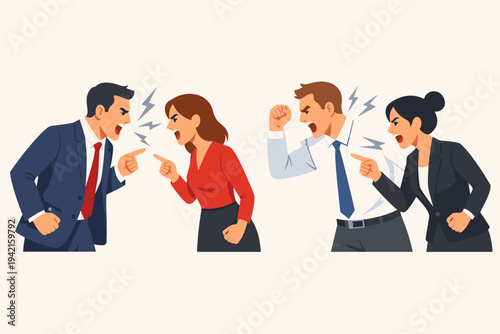 Angry businesspeople arguing and yelling at each other, aggressive men and women in professional suits shouting during workplace conflict, pointing fingers and showing stress in office setting.