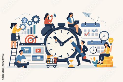 Business people managing online business and time efficiently with tools like alarm clock, calendar, gears, and laptop. Flat vector illustration of productivity, teamwork, and strategic planning.