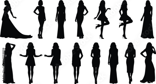 Elegant women silhouettes collection featuring fashionable female poses in dresses and high heels illustrating beauty, style, glamour, and modern fashion isolated