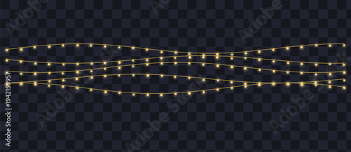 Bright yellow string lights illuminate the scene with a warm glow on a dark transparent pattern