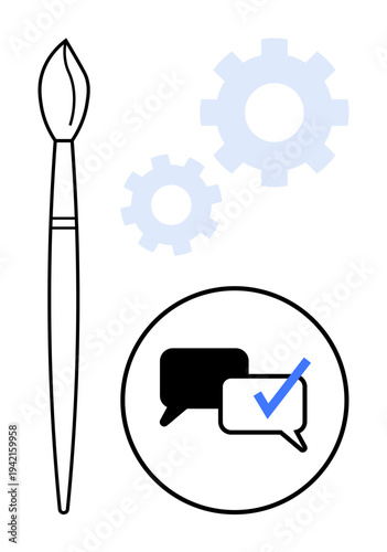 Brush symbolizing creativity, gears for process, speech bubbles for communication, blue check for approval. Ideal for collaboration, creativity, teamwork, approval workflow, communication