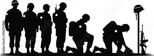 Military memorial silhouettes depicting soldiers standing, kneeling in tribute beside battlefield cross honoring fallen heroes, remembrance ceremony, sacrifice and national service