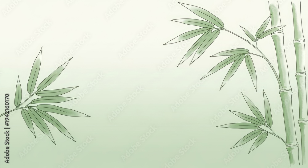 Fototapeta premium Elegant bamboo plant with lush green leaves and slender stems, minimalist botanical illustration in soft watercolor style, clean white background, nature-inspired design concept