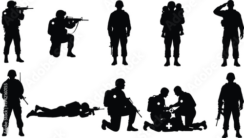 Military soldier silhouettes set showing armed forces personnel in combat, rescue, patrol, kneeling, aiming, and saluting poses illustrating defense operations