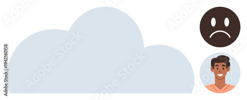 Emotional support, mood tracking, mental health, online therapy, wellness, self-awareness. A cloud with happy and sad face icons in circles. Emotional support and mood tracking concept