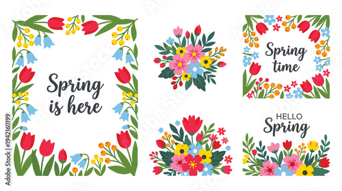 Collection of spring floral frames and bouquets with greeting text