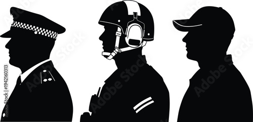 Security service silhouettes featuring police officer, tactical unit member, and security guard profiles illustrating law enforcement, public safety professions isolated on white background
