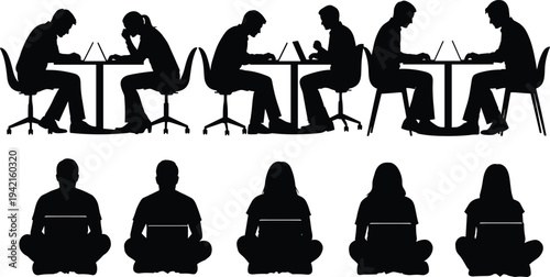 People working on laptops silhouette set featuring office employees, remote workers, freelancers, students studying, digital nomads illustrating modern workspace and technology lifestyle
