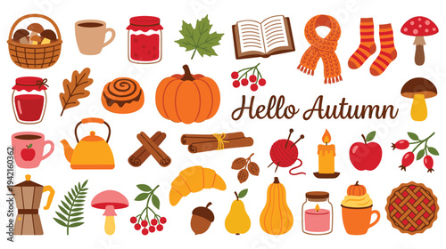 Hello autumn flat icons collection with seasonal objects and food