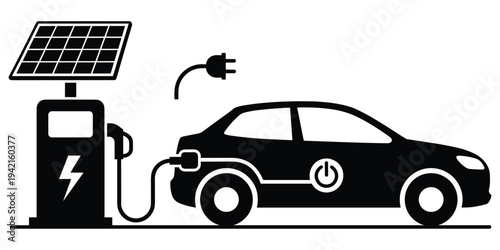 Black and white illustration of solar-powered electric vehicle charging station with car, eco-friendly sustainable energy design, flat vector illustration