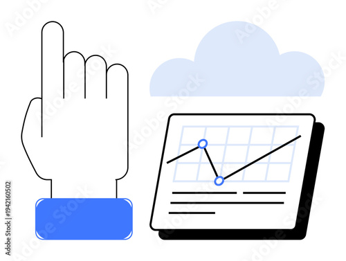 Hand pointing above data chart, cloud symbolizing cloud computing. Ideal for technology, data analysis, cloud storage, business, fintech, innovation user interface. Simple flat metaphor