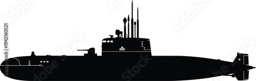Submarine silhouette illustrating military naval underwater vessel with missile systems and conning tower representing maritime defense, strategic navy operations isolated
