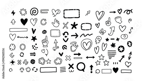 Mega collection of hand drawn decorative elements including hearts stars flowers hands frames and arrows for scrapbooking social media graphics and creative journaling layout decoration